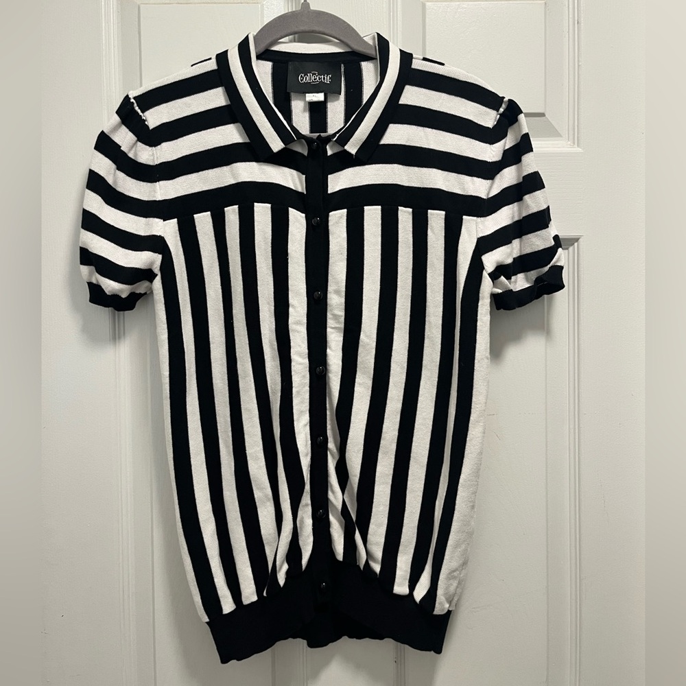 Collectif Lailie Striped 60's Cardigan Black White Buttons - 2X - EUC - Picture 2 of 12